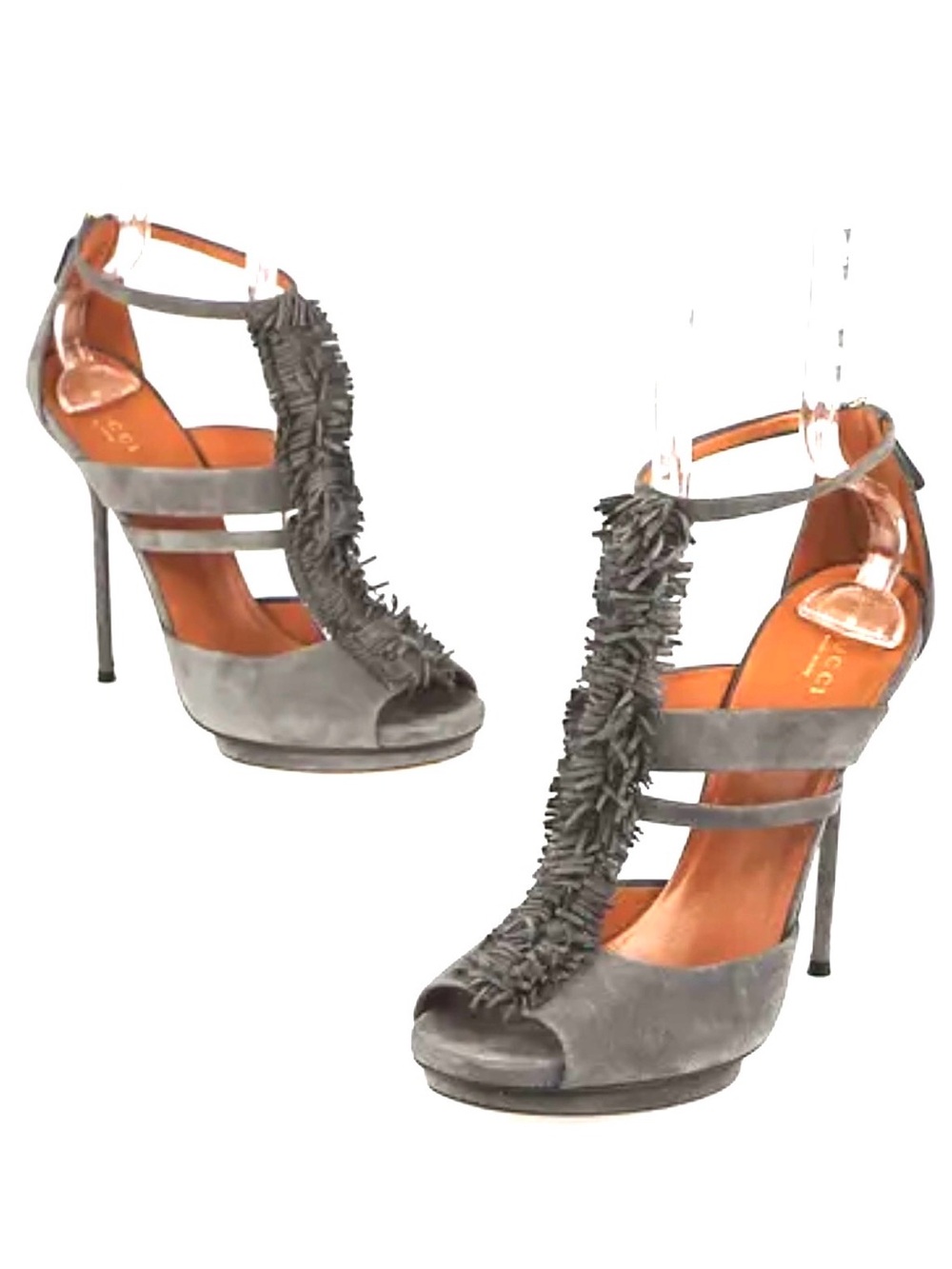 Almost new. Worn 2x’s Gucci Taupe Suede Fringe T-Strap Stiletto Heels Luxurious